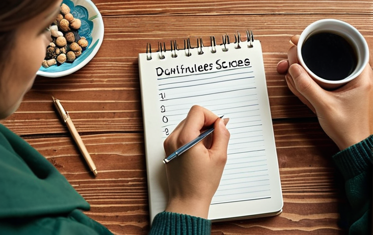 **
A person thoughtfully writing down their values and goals in a notebook. The scene should convey a sense of self-reflection and purpose. Include visual elements representing values like environmental protection, family, or personal growth. The style should be warm and inviting.
**