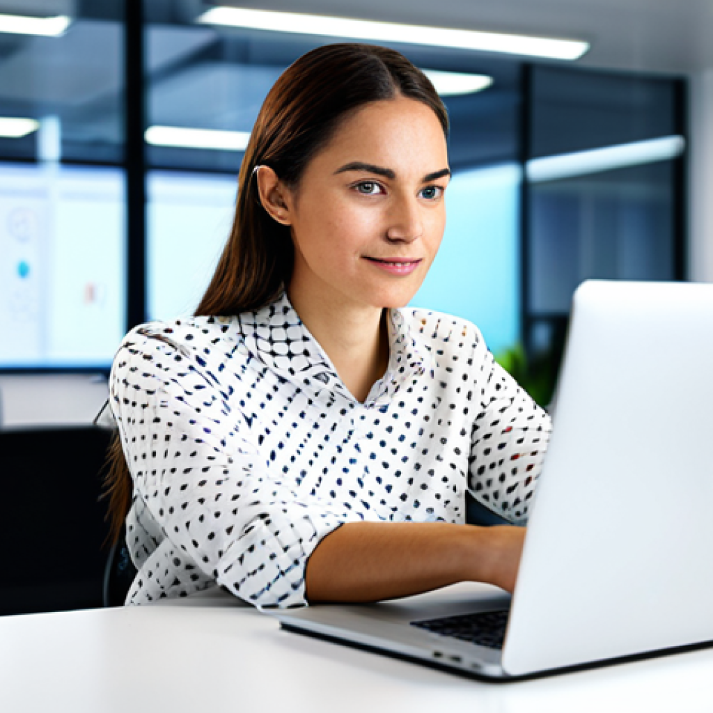 목적 중심 삶의 동기 부여 전략 - **A confident female software engineer** working on a laptop in a modern, brightly lit office. She i...