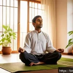목적 중심 삶의 지속 가능한 실천 사례 - A serene early morning scene in a cozy Bengali home where a young adult is sitting cross-legged on a...