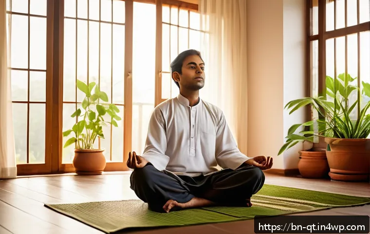 목적 중심 삶의 지속 가능한 실천 사례 - A serene early morning scene in a cozy Bengali home where a young adult is sitting cross-legged on a...