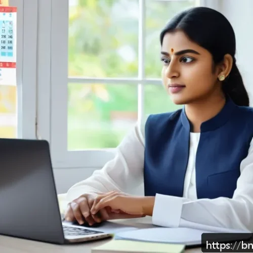 목적을 위한 목표 달성의 실질적 방법 - A focused Bengali professional woman in her late 20s sitting at a tidy desk with a digital calendar ...
