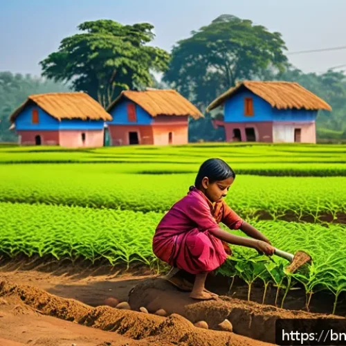 목적 중심적 삶을 위한 사회적 책임 - A vibrant community scene in rural Bengal featuring diverse people planting trees together in a lush...