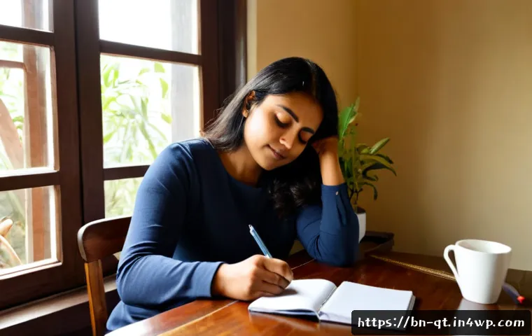 Home 17 목적 중심 삶을 위한 자기 평가 방법 - Photorealistic Bengali woman in her late 30s sitting at a tidy sunlit home desk, thoughtfully review...