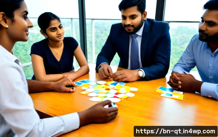 목적 중심적인 팀워크 촉진 방법 - Photorealistic diverse Bengali workplace team gathered around a clean wooden table, four professiona...